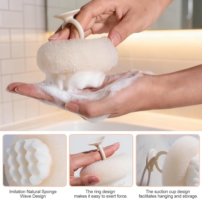 Bath Tools Set, 5 PCS Loofah Washcloth Combo 2-in-1, Suction Cup Bath Ball，Silicone Body Bath Brush with Waterproof Cosmetic Bag, for Body Wash and Smooth Skin
