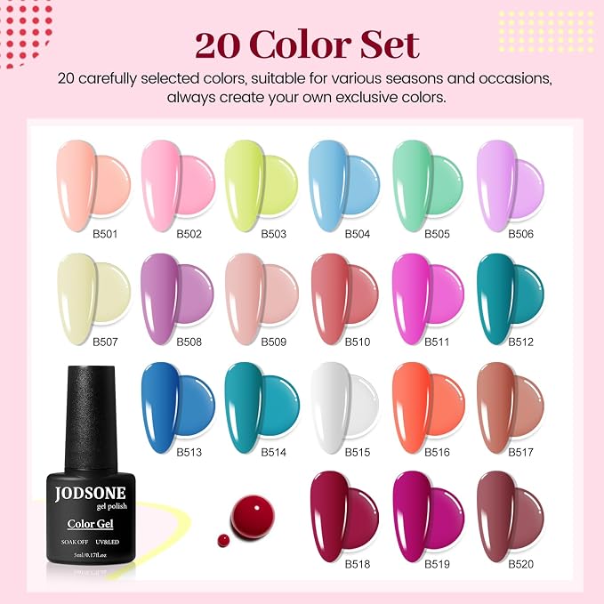 JODSONE 23 PCS Gel Polish Kit Colorful Fashion Classic Nail Gel Set 3 Bottles of Base Coat Matte and Glossy Top Coat