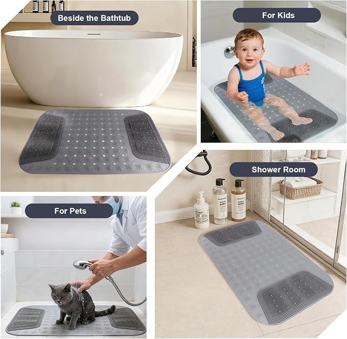 Silicone Shower Foot Scrubber Mat, 28.7"x18.9" Shower Mat, Grey | Foot Scrubber for Shower, Bathtub Shower Mats, Drain Hole, Non-Slip Suction Cups, Foot Care, Spa, Reduces Pain, Easy to Clean