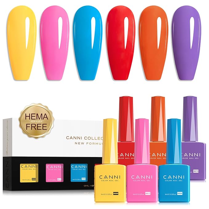 CANNI 9ML Gel Nail Polish Set, 6 Rainbow Shades UV LED Soak Off Gel Polish | Smooth Application • Highly Pigmented • Glossy Finish • Long-Lasting Wear • Nail Art • Salon DIY Manicure • Easy Application