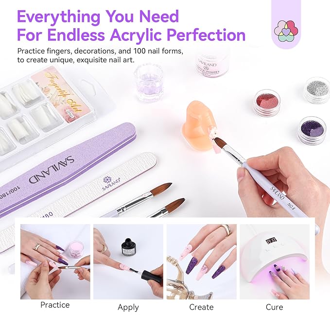 SAVILAND All-In-1 Acrylic Nail Kit with Drill & Nail Lamp Women Gift Set | All-in-1 beginners set, practice fingers, cuticle oil, cuticle remover,durable wearing, prevents chipping, home salon use
