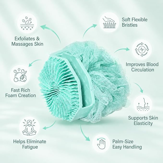 2-in-1 Silicone Body Scrubber & Mesh Loofah Sponge – Exfoliating Silicone Shower Scrubber with Soft Loofa Puff, Bristles, Non-Slip Grip, Quick Dry, Hygienic Body Scrubber for Women & Men
