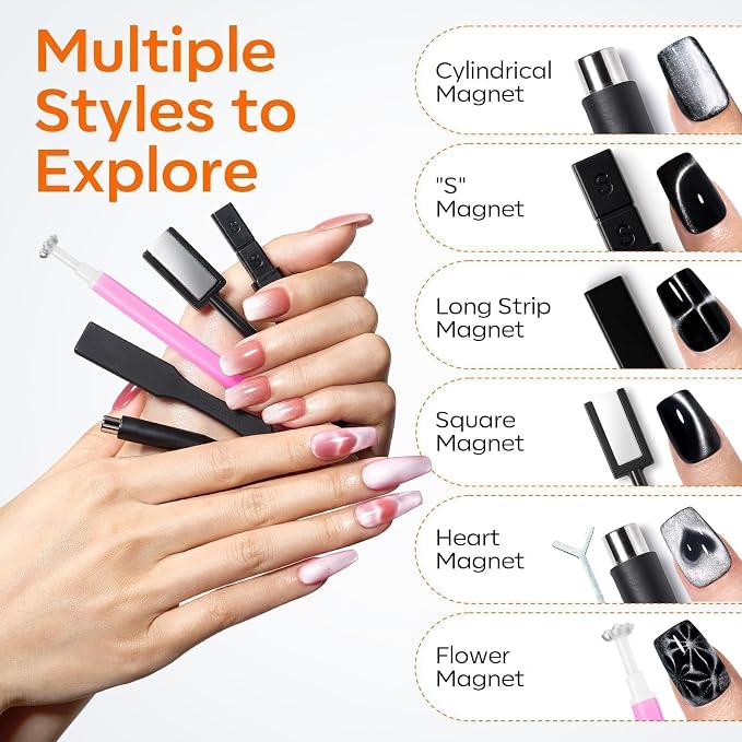 Modelones Cat Eye Magnet 15PCS Multi-shape Cateye Gel Polish Nail Art | Heart Moon Flower Square Effects with Bead-Attracting Nail Art Tool, UV/LED Lamp Required, DIY Nail Art