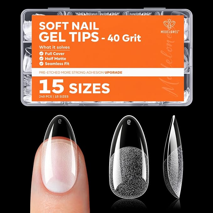 Modelones Almond Nail Tips, Pre-Etched 40 Grit Half Matte Gel Nails Tips | Clear Full Cover 240PCS 15 Sizes Medium Almond Fake Nail Tips for DIY Extensions Press On Nails for Women