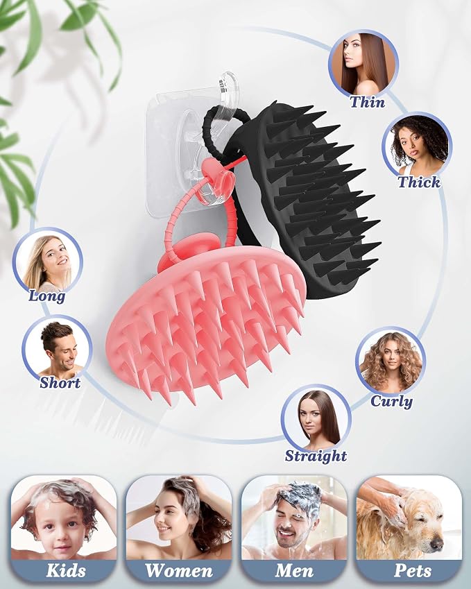 Manmihealth Large Hair Scalp Scrubber, One-piece Silicone Scalp Massager | Long Bristles Shampoo Brush for Dandruff Removal and Hair Growth with Hang Strap, Wet Dry Use (Pink+Black)