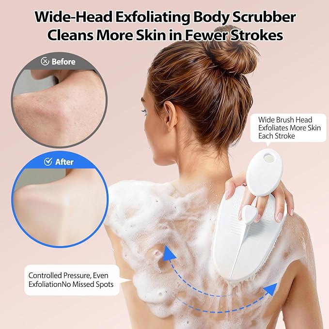 Shower Brush for Body, Extra-Large Bath Brush with Ergonomic Curved Design, Soft-Medium Bristles for Gentle Exfoliation & Full-Body Cleansing, Comfortable Short Handle for Men & Women