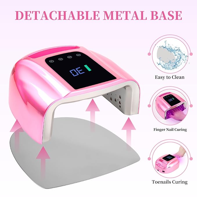 96W Rechargeable UV LED Nail Lamp, Cordless UV Light for Nails with LCD Display Auto Sensor, 4 Timer Setting and Smart Sensor Nail Dryer,Nail Cure Light with Removable Bottom(Pink)