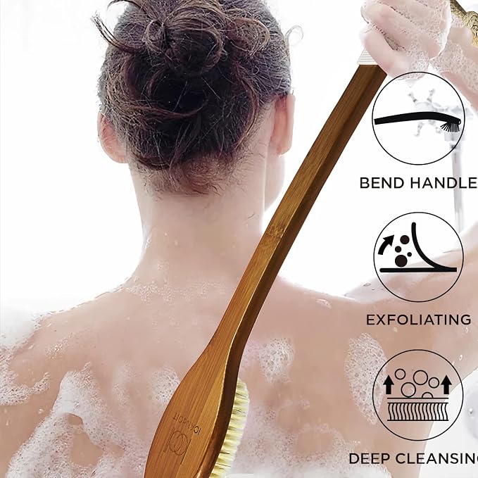 ICANdOIT-17.71Inch Natural Stiff Sisal Bristles Anti-Slip Curved Long Handle Bath Brush,Bent Handle Shower Scrubber for Exfoliating,Shower Back Brush