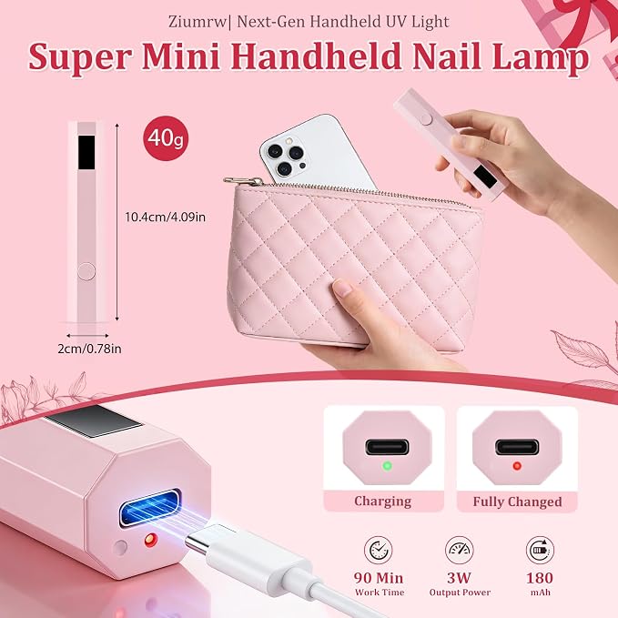 Handheld UV Nail Light with Stand, Mini Hand Held Nail Lamp with LED Display, Rechargeable Flash Cure Nail Lamp, Settings 20/60s Timer, Small Nail UV Light for Gel Nails Polish Home DIY, Pink