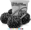 WhaleLife Bath Loofah Sponge for Shower - Body Scrubber 4-Pack Black | 10X Suds Save Body Wash Double Knotted Anti Tear Core Fast Dry Cotton Loop Stay Fresh Large Mesh for Sensitive Skin