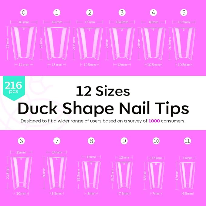 Modelones Duck Nail Tips Short Flare Pre-shape Half Cover Soft Gel Wide Kit | Acrylic Clear Full Cover Press on Extension Kit Gel Manicure DIY at Home 216PCS 12Sizes
