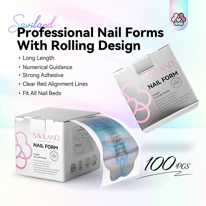 SAVILAND Reusable Long Length Nail Forms for Acrylic Nails Builder Nail Gel | Super Sticky, Poly Gel Nail Forms, Sturdy Self-adhesive Nails Model Stencils, Home sSalon Extension