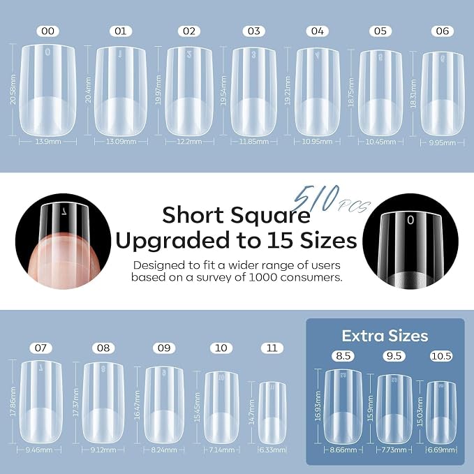 modelones X Nail Gel Kit, 9-in-One Glue Prep Dehydrator & Portable Led Lamp | 15Sizes Gel Nail Tips Short Square 510Pcs Pre-shaped Square Press On Extension Kit DIY Salon Home Gift for Women