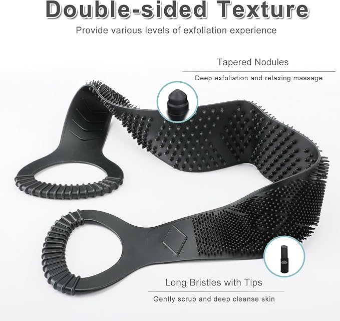 FREATECH Silicone Back Scrubber for Shower, 36" Dual-Sided Back Washer Exfoliator Strap to Clean, Exfoliate and Massage, Easily Cover the Entire Back for Men Women, Easy to Clean, Black