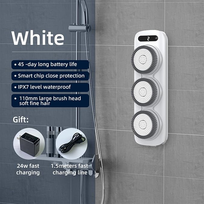 Electric Back Scrubber for Shower, Wall Mounted Electric Shower Back Scrubber, Dry Brushing Body Brush for Bathing, Cleansing, Exfoliating and Massaing, with 3 Spin Skin Bath Brush Heads