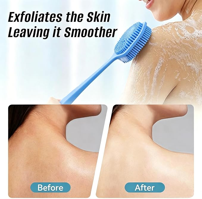 14" Silicone Back Scrubber for Shower, Long Handle Body Brush | Soft Bristles Exfoliate&Massage Skin. Non-Slip Grip, Reach Full Back Easily. Ideal for Men&Women, Bath Use. Blue.
