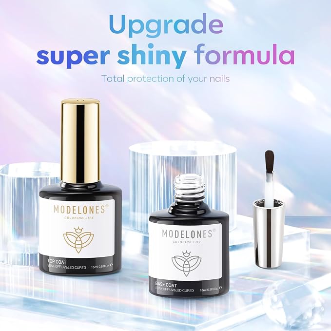 modelones Gel Top Base Coat Set 15ml 2026 Upgrade No Wipe Super Shine | Clear Glossy Gel Polish Acid Free Shiny for Press Ons Acrylic Gel Nail Art Soak Off U V Lamp Cure DIY Home Salon Manicure