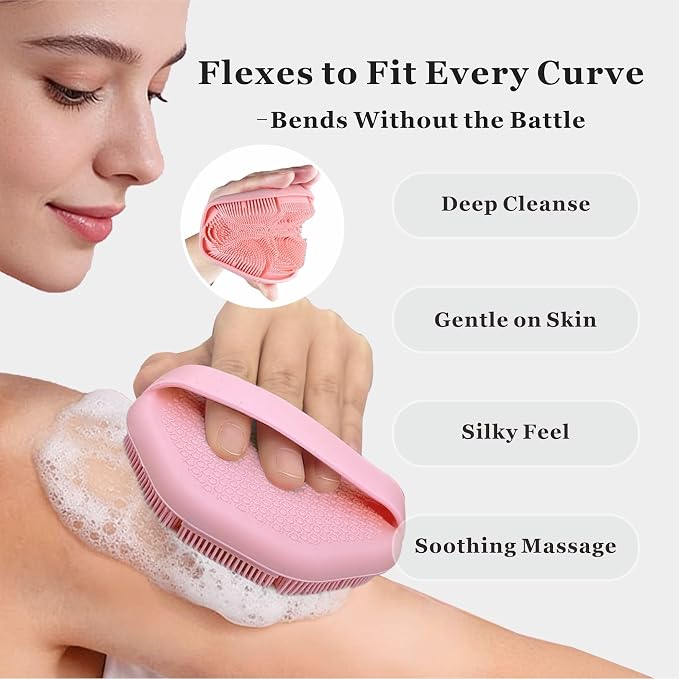 Silicone Body Scrubber & Face Scrubber Set, Shower Scrubber with Soft Bristles, Non-Slip Scrubbies for Body, Face Scrubber Exfoliator for Sensitive Skin (Pink+Pink)
