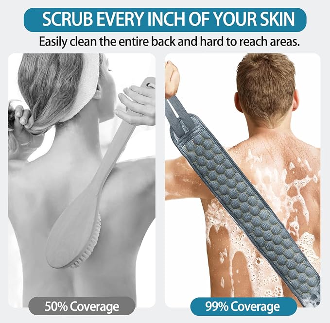 Inmorven Back Scrubber for Shower Exfoliating Body Scrubber 40 inch Double-Sided Back Exfoliator Scrub Towel, Bath Body Brush Widened Back Washer with Handle for Men and Women (Grey)
