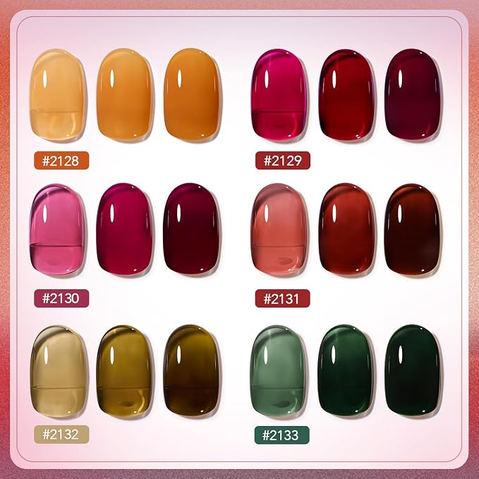 GAOY Jelly Gel Nail Polish Set, 6 Colors Red Green Brown Yellow Pink UV Gel | Layer with Cat Eye, Buildable Color, UV Lamp Required, Easy to Apply, Long Lasting, Christmas Nails, Gift for Women