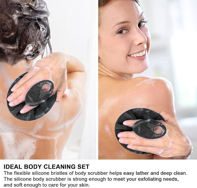 INNERNEED Silicone Body Cleansing Brush Exfoliating Scrubber, Black | Gentle Massage, Deep Clean, Hygienic Shower Scrub Brush Soft Bristles for All Skin Types, Easy to Hold
