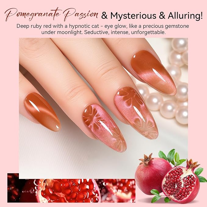 Makartt Cat Eye Gel Nail Polish - 10ml Romantic Holographic Fruit Gel Nail Polish with Magnet Stick, Glitter, UV/LED Curing Salon Home DIY Manicure - Pomegranate