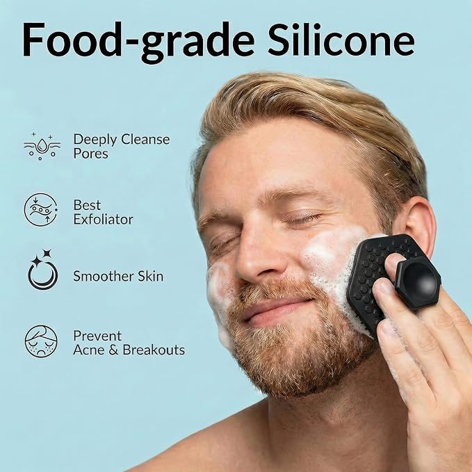 Back Silicone Rubber for Shower|Curved Long Handle Body Brush|Dual-Sided Firm Exfoliating&Soft Bristles |Silicone face Scrubber (Black face Brush and Back Scrubber Set)