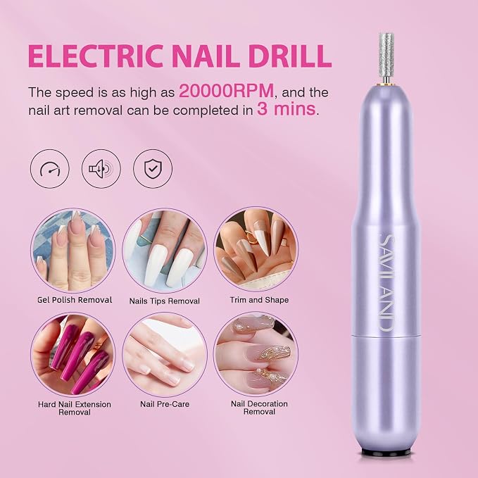 SAVILAND Gel Nail Kit with 500 Medium Almond Tips, Nail Drill and U V Lamp | Pre-etched soft gel tips, 4-in-1 glue gel, 20,000 RPM dual-direction drill, prep and removal tools for home extensions