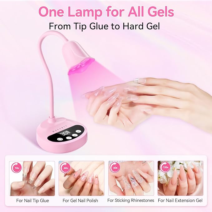 Makartt Cordless Flash Cure UV Nail Lamp for Gel Nails Adjustable Gooseneck | 50 mW/cm² Rechargeable UV Light with Auto Sensor & 4 Timers for Better Gel Curing at Home, Salon or Travel, Pink