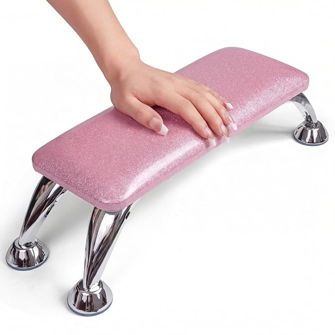 Arm Rest for Nails Tech, Easy Clean Nail Arm Rest, Reduce Back Pain for Nails Tech, Sturdy Support Armrest for Nails Fits UV LED Nail Lamp Underneath, Salon & Home Use (Pink Glitter)