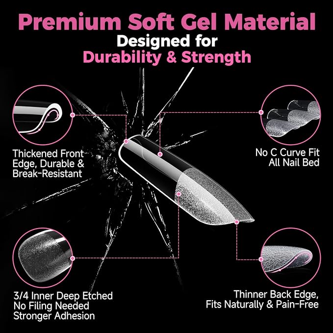 UNA GELLA Medium Square Gel Nail Tips, 15 Sizes Pre Etched Soft Gel | Nail Tips Square 300pcs Fake Nails Full Cover for Press On False Nail Extension Home DIY Salon for Women