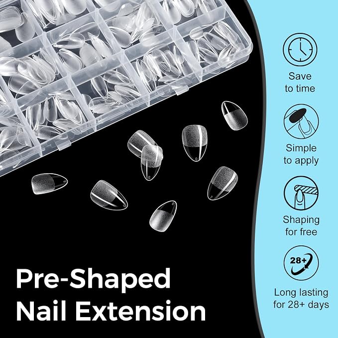 TOMICCA Short Almond Nail Tips 15 Sizes Gel Nail Tips 240Pcs Almond Nails | Clear Press On Nails, Full Cover Pre-shaped Nail Extension Tips, Acrylic Fake Short Nails for Home DIY Nail Salon & Wedding