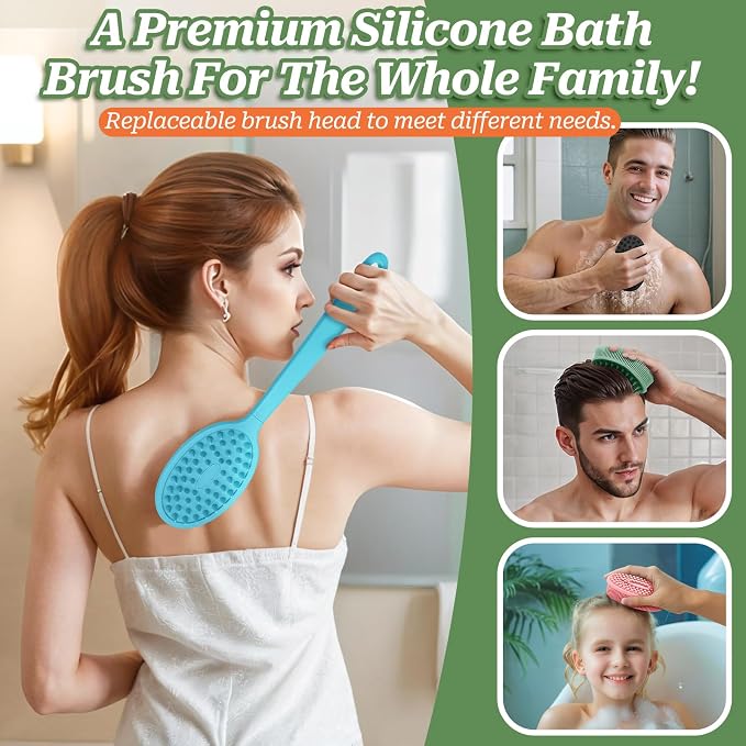 Silicone Face & Back Scrubber Set, Manual Face & Body Scrubber Exfoliator with Soft Bristles and Non-Slip Handle, Back Brush Bath Brush with Detachable Brush Head(2PCS Blue Set)