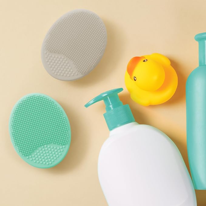 S&T INC. Cradle Cap Brush for Baby, 2 Pack, 2" x 2.5", Grey and Teal | Exfoliating and Massaging, Cleansing Brush for Baby, Silicone Bristles, Rinses Clean, Suction Cup Handle