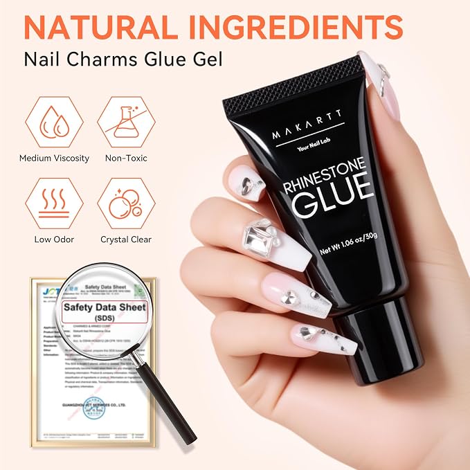 Makartt Rhinestone Glue for Nail: Gems/Charms/Crystals/3D Decorations 30ml | UV/LED Lamp Cured, Large Charms, Flatback Stones, Small Beads and Pearls, 3D Sculpting and Raised Designs, DIY and Salon Use