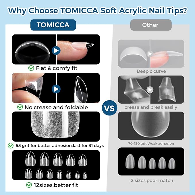 TOMICCA Extra Short Almond Nail Tips, 240pcs 12 Sizes, Soft Gel Tips | Half Matte Pre-Shaped Full Cover Clear Fake Nails, Acrylic Press on Nails for Extension, Beginners and Professional Salon