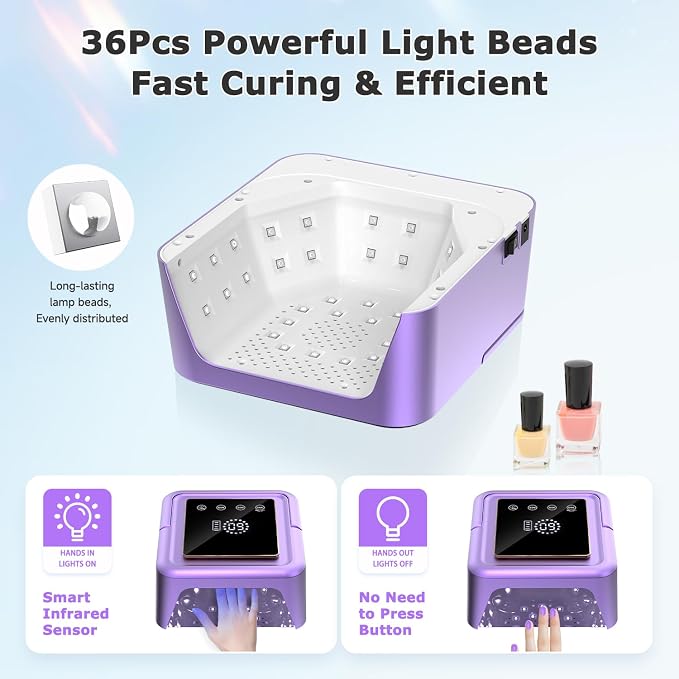 108W UV Gel Nail Lamp, Cordless LED Nail Light with Auto Sensor - Purple | 3H Battery Life LED Nail Light, 36 UV+LED Beads, 4-Timer Modes & Autor Sensor, Metal Base for Light Reflective, For Gel Nails