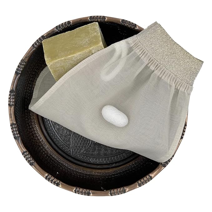 Feel Fine Turkish Exfoliating Mitt – 100% Raw Silk Hammam Kese Glove for Men & Women | Handcrafted Turkish Skin Peeling Scrubber Bath & Sauna Exfoliator (Gold-a)