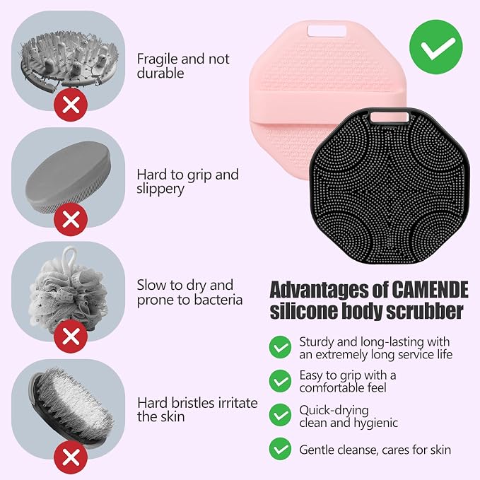 2-Pack Silicone Body Scrubber Shower Brushes,Exfoliating Body Scrubber for All Skin Type, Eco Friendly Shower Scrubber for Body, Soft Silicone Loofah for Men & Women (Pink & Black)