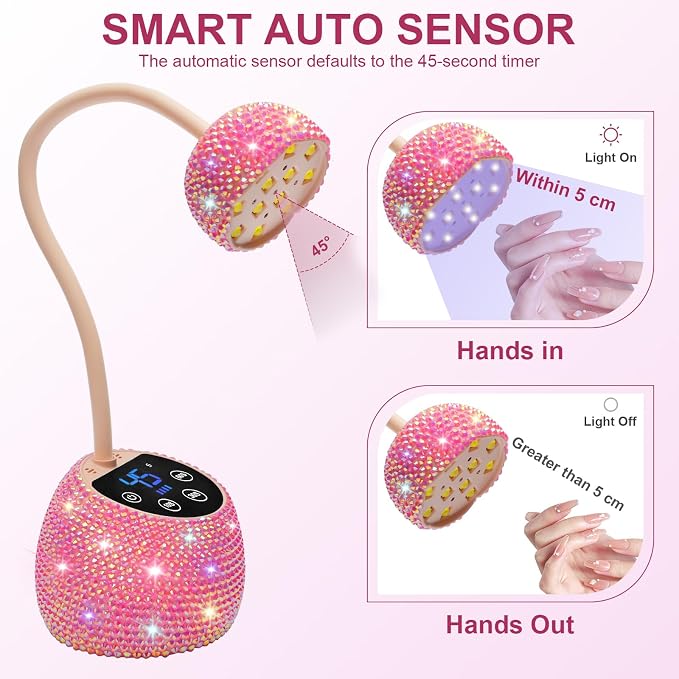 CGBE UV LED Nail Lamp, 36W Mini Cordless Flash Cure Nail Lamp for Gel Nails | USB Rechargeable Nail Light with 4 Timers & Auto Sensor, Gooseneck Portable Gel X Lamp for Salon Home DIY Use, Pink Diamond