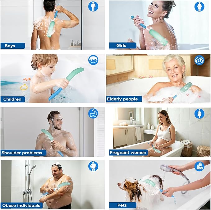 Back Bath Brush with Sponge, 15.39"Back Scrubber with Anti-Slip Long Handle | Back Scrubber for Shower, Curved Long Handle Bath Body Brush for Elderly Aid Bathing and Shower, Exfoliating Body Scrubber