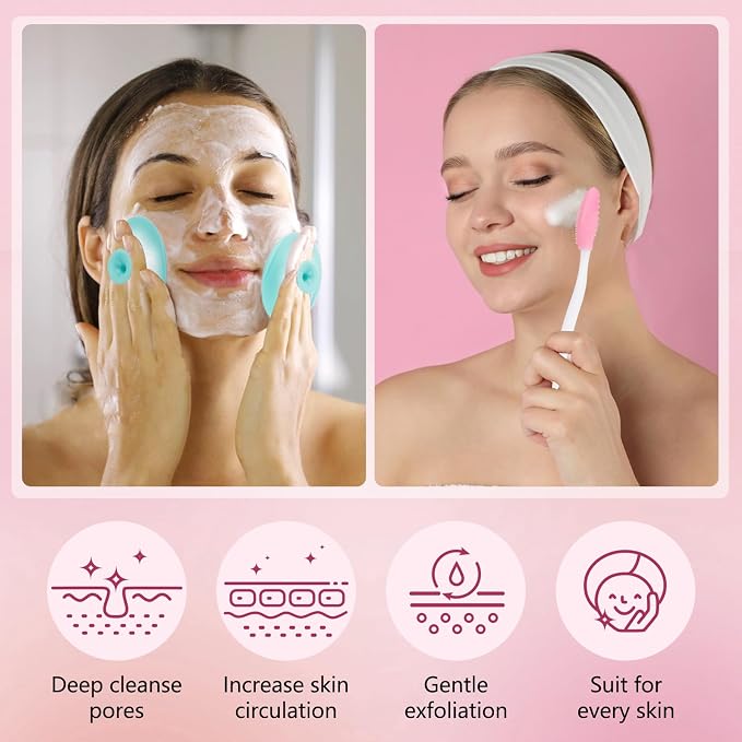 Yokilly Silicone Face Scrubber Kit: Exfoliator Blackhead Skin Care Tool | 7 Pcs Kit For 3 Exfoliating Lip Brush & 3 Cleansing Brush & Face Mask Brush Exfoliator - Ultra-soft Silicone Deep-Cleans Pore