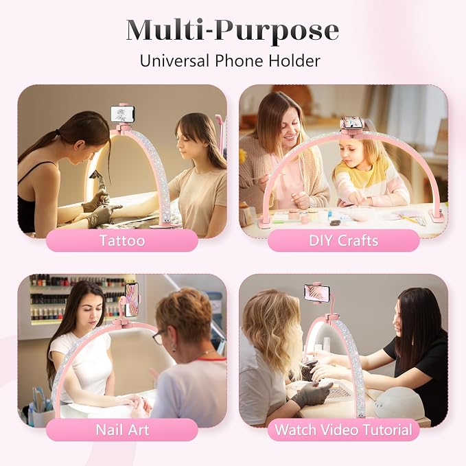 Yokilly Half Moon Light for Nail Desk: 29" Foldable Nail Light for Desk | AB Diamonds Arch Nail Tech Light with Phone Holder for Beginner - 3 Color Modes & 10 Brightness for Manicure Salon-Pink