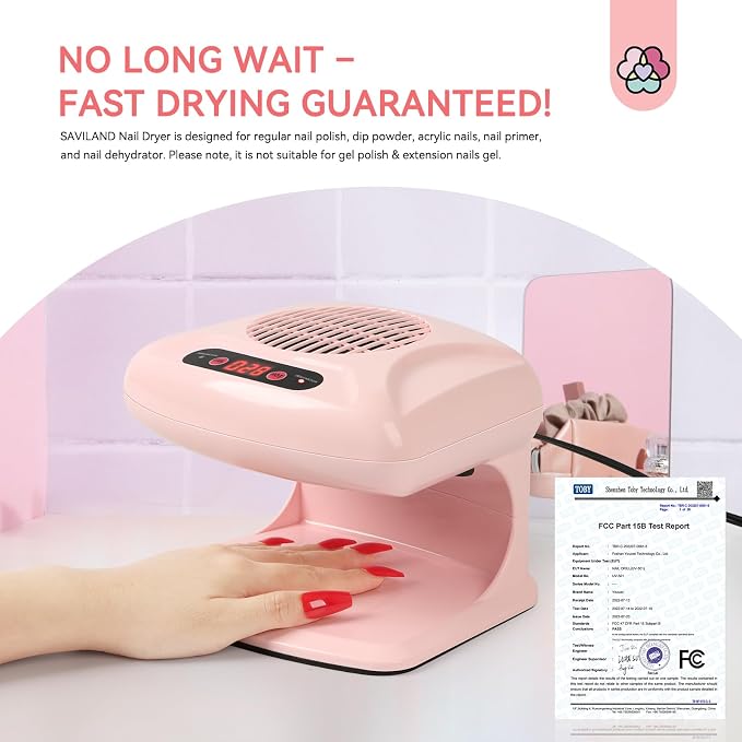 SAVILAND 300W Quick Drying Nail Dryer for Regular Polish and Manicures | U V-free safe air, for salon or home pedicures, auto dual sensor hot cold modes, dries dip powder nail dehydrator primer