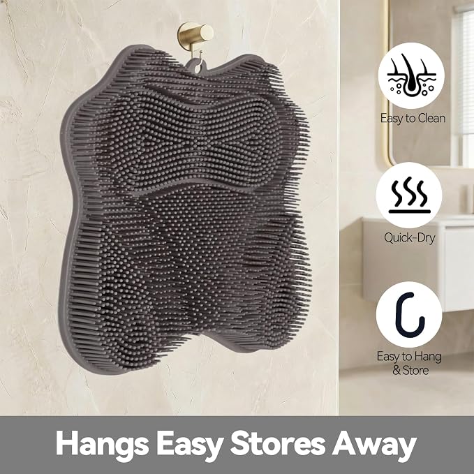 ozner Silicone Shower Foot Scrubber Mat, Back Washer Bath Wash Pad Exfoliating & Massage, Wall Mounted Slip Strong Suction Cups for Use in Cleaner Men and Women (Grey)