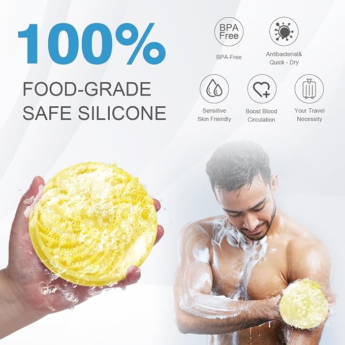 2Pcs Silicone Body Scrubber,Exfoliating Body Scrubbers for use in Shower,Silicone Body Brush for Showering and Anti-Slippery Handles for All Skin Types,Eco Friendly Shower Scrubber for Body （Yellow）