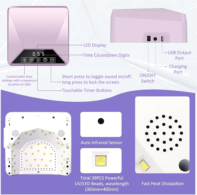 78W UV LED Nail Lamp with Adjustable Telescopic Stand, Corded Nail Dryer for Gel Nails, 39 LEDs, 30/60/99/180s Timers, Removable Base for Home & Salon