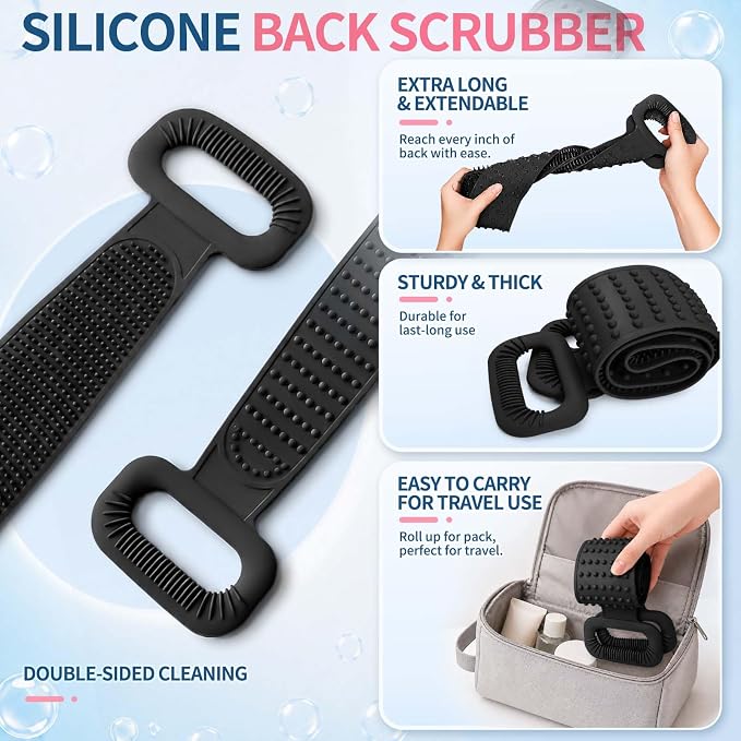 Manmihealth 36'' Extendable Silicone Back Scrubber for Shower Black+Pink | Back Washer with Long Strap Handle, Dual-Sided Silicone Body Brush for Men and Women