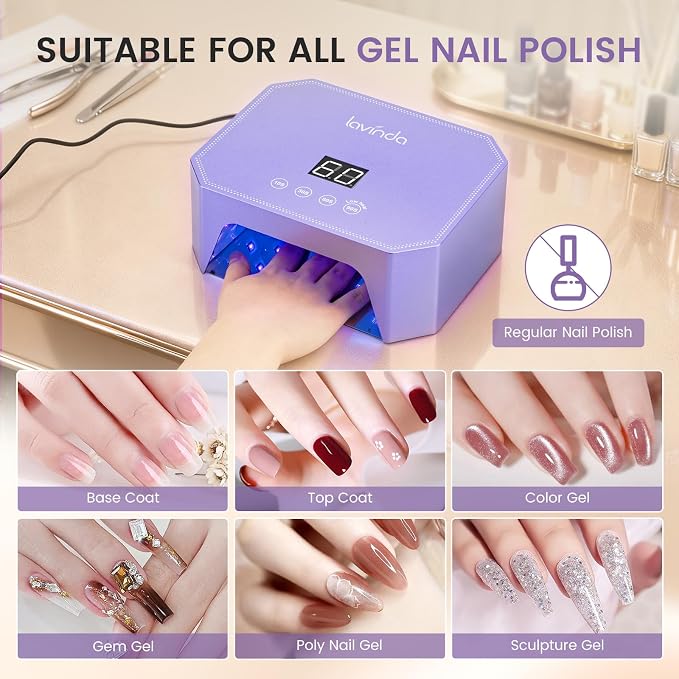 Lavinda 54W UV LED Nail Lamp – Plug-in Gel Nail Light with LCD Display, 4 Timers, Auto Sensor, Dual Wavelength, Nail Dryer for Home & Salon Purple