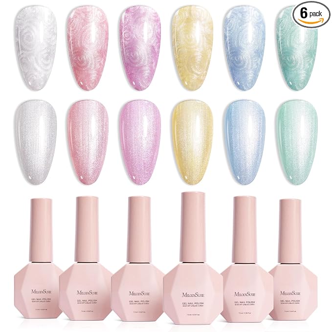 MelodySusie Pearl Gel Nail Polish Set, 6 Colors Pastel Macaron White Green Pink Purple Blue Yellow Iridescent Drawing Glitter Gel Polish Soak Off Swirl Shell Thread Effect Nail Art Gifts for Women